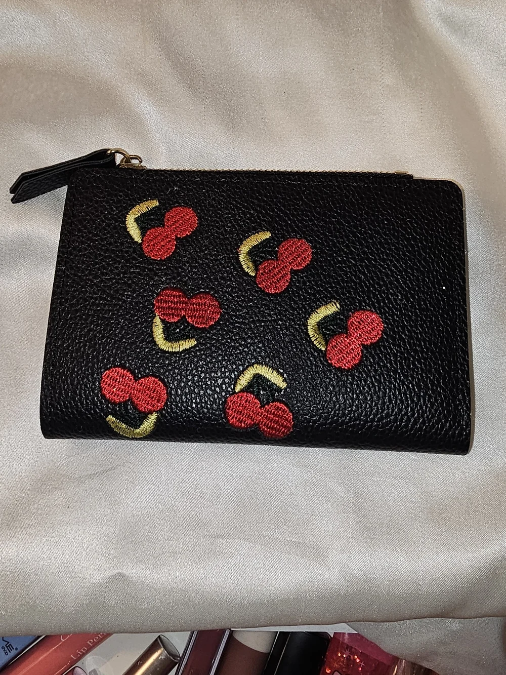 Black Embroidered Cherry Zip Wallet